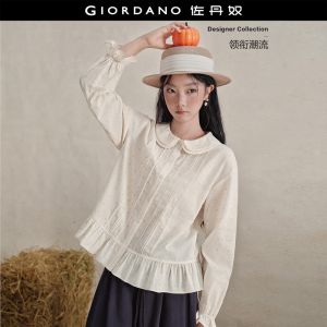 Giordano Women Polka dot doll collar ruffle hem blouse Free Shipping 18346822