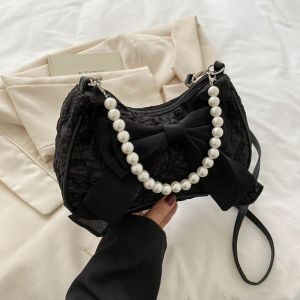 DJAQWA Pearl Bow Shoulder Bag Korean Style Canvas Bow Underarm Bag Sweet Handbag Small Square Bag Ladies