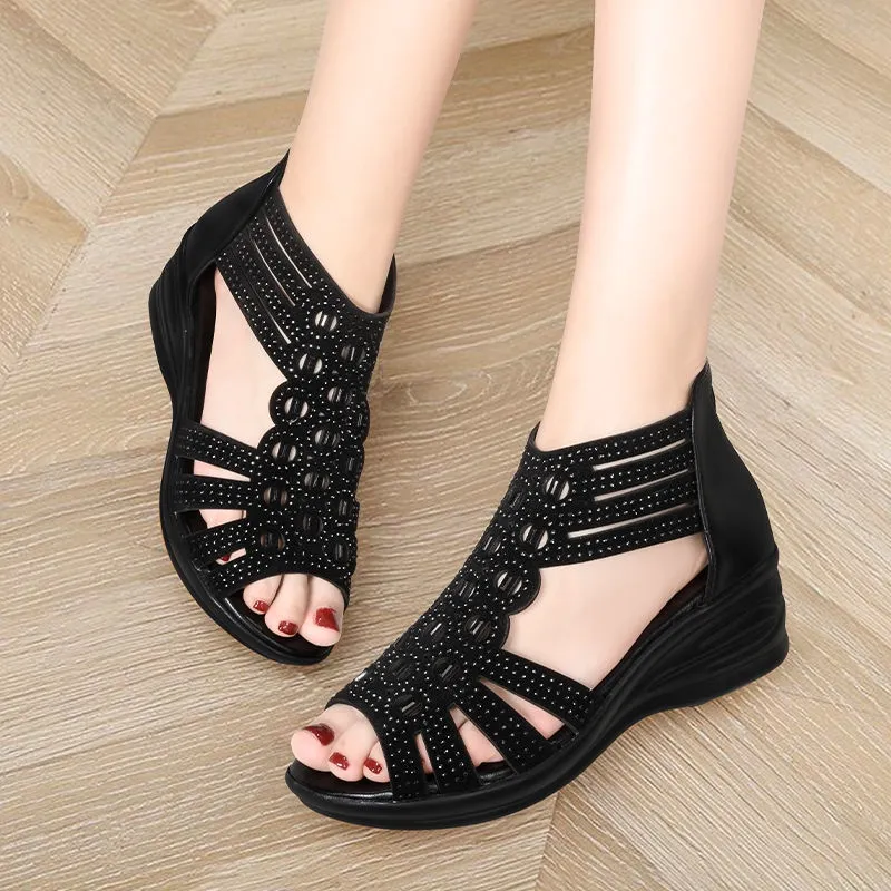 New kasut bata wanita sendal perempuan bata comfit women sandals scholl  women shoes sandalsSandals Women's Summer Wedge Heel New Style Roman Mother  Rhinestone Fish Mouth Mid-Heel Ladies Soft Sole Op 2.22