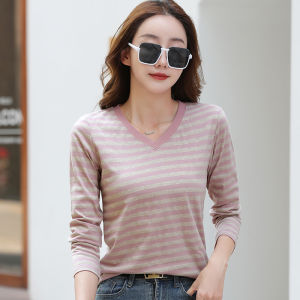 Áo Thun Cổ Chữ V Tay Dài Cho Nữ Áo Thun Sọc Thường Ngày 93% Cotton