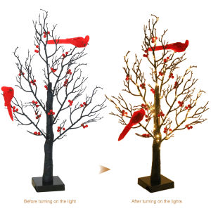 Vintage Glowing Tree with Cardinals with Red Berry LED Tree Light LED Christmas Red Berry Tree Light for Halloween Christmas