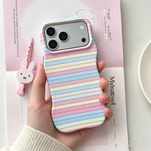 Fashion Colorful Stripes Curly Edge Shockproof Case For iPhone 17 16 15 14 13 Pro Max Wavy Pattern Double-layer Hard Back Cover