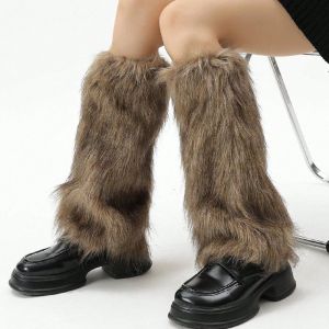 MASTERYX Warm Faux Fur Leg Warmers Furry Winter Boot Covers Cozy Y2K Knee-Length Socks for Women Girls