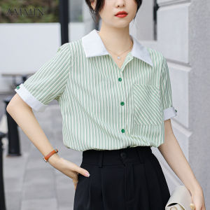 AMMIN Korean style ladies fashion patchwork collision polo collar short-sleeved striped shirt summer new chic retro style loose versatile striped chiffon Tops