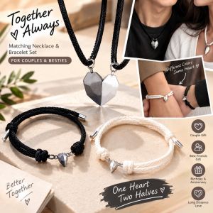 Magnetic Split Heart Couple Necklace & Bracelet Set 4PCS Matching Lover BFF Gift Boyfriend Girlfriend Black White Anniversary Birthday
