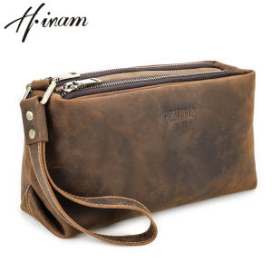 Hiram Luxury Cowhide Leather Casual Mens Clutch Bag for 8.3 inch iPad Mini Male Wallet Large Capacity Purse Gift