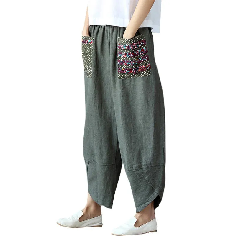 Vintage Women Ethnic Splicing Harem Pants Elastic Waist Wide Leg Trousers  Baggy Loose Cotton Linen Pants 