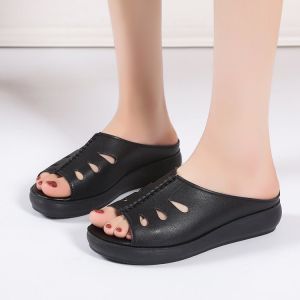 Free Shipping Summer Soft Leather Slip-On Sandals For Women With A Mid-Heel And Thick Platform Perfect For Wearing Outdoors And On The Beach