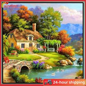 【HOSPORT】5D DIY Full Round Drill Diamond Painting Relaxing Village Cross Stitch Kit