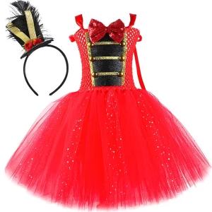 Sparkly Red Circus Master Costumes Girls Nutcracker Princess Dresses for Kids Christmas Halloween Outfit with Feather Hat Bow2026