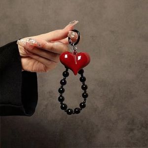 WAPKTY Korean Red 3D Love Heart Phone Chain Beaded Handmade Hanging Cord  Mobile Lanyard Gift Giving