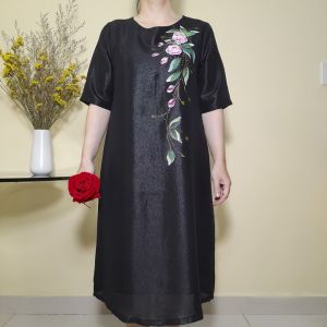 Đầm Trung Niên Vẽ Tay - Dáng Suông A Che Bụng - Vải Voan Tơ Nhũ -Size 48kg-90kg