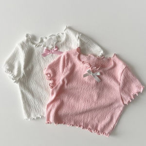 Rolanko Baby Girls Summer Black Preppy Skirt Breathable Short Sleeve Overlock-detail T-Shirt with Bow Knot Sweet Cute Casual Wearing School Daily Outfit