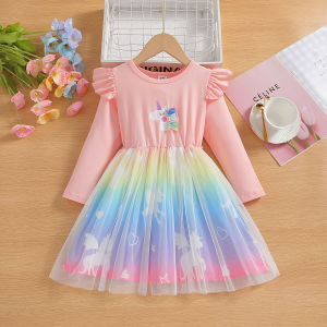 [1-7 tahun] Baru Tiba Gaun Putri Unicorn Kapas lengan panjang Dress Aisha Anak Perempuan Baju Ulang Tahun Anak Dress