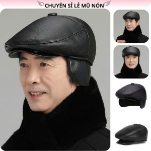 Mũ Nồi Da Pu Nam Cao Cấp Nón Beret Nam Trung Niên Có Tai Che Ấm Mùa Đông Với Chất Da Pu Sần Cao cấp Có Size S Và M