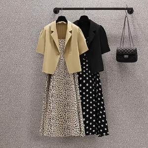 plus Size Womens Clothing 200 Jin Fat Girl Summer Suit Womens Slimming Suit Coat Womens Suspender Dress Two-Piece Set