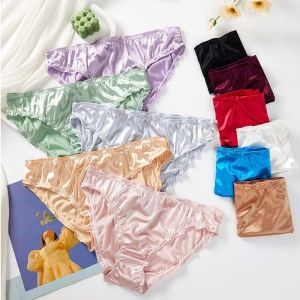 REEBO Low Waist Satin Silk Panties Solid Color Thin Womens Panties Simple Breathable Ruffles Briefs Girl