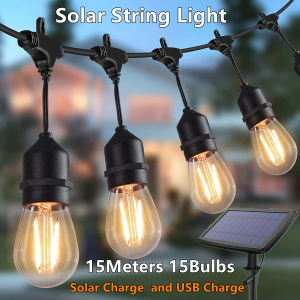 Solar S14 Outdoor/Indoor String Lights 15M Length 15Pcs Bulbs (1Pcs Spare Bulb) IP65 Waterproof LED String Light For Patio Garden Holiday Wedding Lights ( E12 Bulb )