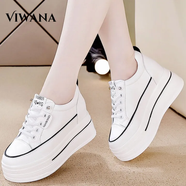 VIWANA White Sneakers Shoes For Women Korean Style 9cm Increased Height  Wedge Heel Sports Shoes Ladies Leather Comfort Lace Up Rubber Running Shoes  On