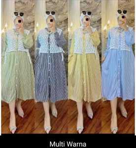 Baju Midi Dress Jumbo Ukuran M L XL XXL | Arisa Midi Dress | Gamis Dress Wanita Dewasa Bahan Katun Salur Mix Brukat Import | Gamis
