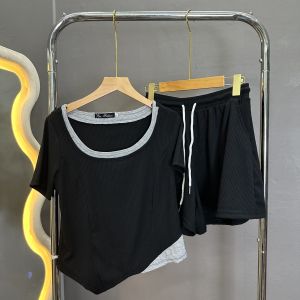 Set bigsize Áo thun cổ tròn viền tà nhọn kèm quần đùi thun có dây cột 58-95kg BIGSIZE CÔ NHỎ- SET819