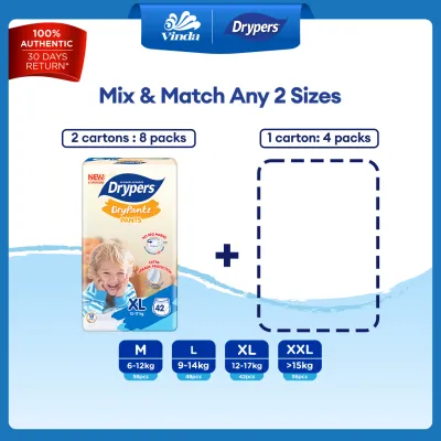 [Upgraded] Drypers DryPantz Baby Diapers M58/ L48/ XL42/ XXL36 (12 Packs) - Bubble Soft Fit Waist Baby Pants