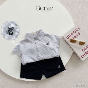 Set sơ mi ngắn tay kẻ sọc bé trai họa tiết thêu cáo kèm quần short size 9 tới 28kg BERNIE P0125B28