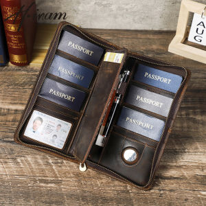 Hiram Genuine Leather Travel Family Passport Handbag Multi Functional Zipper Passport Cover with Wristband Leather Passport Bag