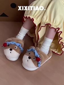 WY-XIXITIAO Home Indoor Personality Soft Cute Bear Cotton Slippers for Women Warm Comfortable Winter Adorable Furry Maternity Shoes ins