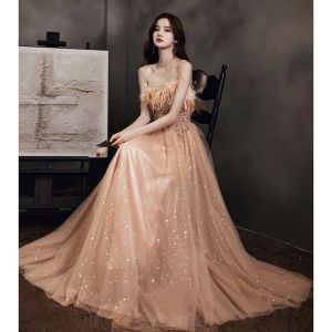Black/Champagne Starry Sky Banquet Evening Dress Tube Top Sleeveless Feather Decor Slim Princess Dresses Birthday Dinner Prom Gown