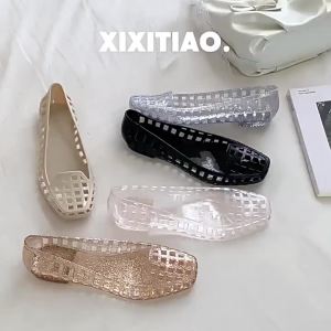 WY-XIXITIAO blingbling Flat Sandals Square Toe Transparent Crystal Jelly Shoes for Women Summer Beach Vacation Casual Outdoor Creative Hollow Out Shoes