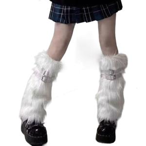 Fuzzy Faux Furs Leg Warmers Furs Heels Long Boots Cuffs Cover Belt Buckle One Pair Carnivals Boot Cover Y2K JK