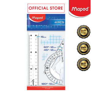 Maped 4 Piece Math & Geometry Drafting Set 15CM Ruler 180 Degree Protractor 60 Degree & 40 Degree Square