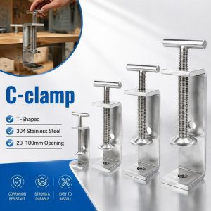 PLLEWY 1pc T-Shaped C-clamp Adjustable 304 Stainless Steel Fixed Holder Clip Professional Sturdy Square Clamp Hardware Fasteners