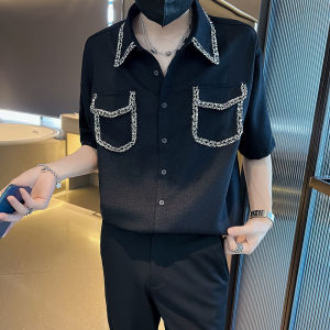 Áo sơ mi nam áo sơ mi cộc tay dáng suông thêu túi 2 bên ngực và cổ áo tạo điểm nhấn cho chiếc áo N49