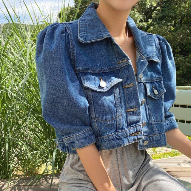 Puff sleeve 2024 crop denim jacket