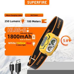SUPERFIRE Motion Sensor Headlamp Yellow+White Light Rechargeable Super Bright 500 Lumens Headlight With Red Light Warning Mode HL05-S