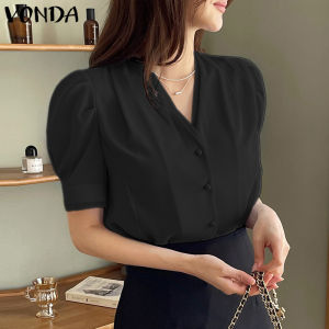 VONDA Korean Style Women Elegant Formal Office Short Sleeve Shirt Solid V-Neck OL Work Top Black Shirts For Formal Occasion #0915