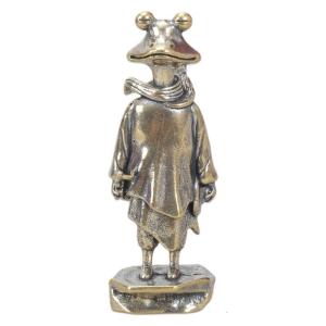 Antiqued Brass Frogs Swordsman Sculpture Vintage Metal Animal Standing Miniature Statue for Shelves or Desktop Decors