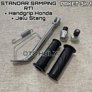 PAKET 3 IN 1 HANDGRIP HONDA STANDAR HITAM ORIGINAL  + JALU STANG MODEL PCX CHROME + STANDAR SAMPING HONDA RING 14 RING 17 GRIP HONDA  PCX VARIO BEAT SCOOPY  SUPRA