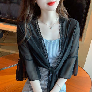 Impression Fashion Women Elegant Korean Plain Chiffon Half Flare Sleeve Front-tie Short Sun-protective Shawl Cardigan