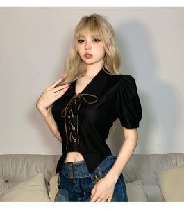 Bqiu Atasan Wanita Kemeja Crop Wanita lengan Puff Pendek Kerah Polo Wanita Bertali Style