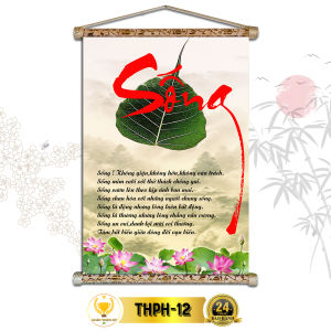 Tranh Thư Pháp Treo Tường Chữ Sống CHÂN THIỆN MỸ Chất Liệu Vải Lụa Kim Sa Khung Gỗ 40x60cm THPH-12