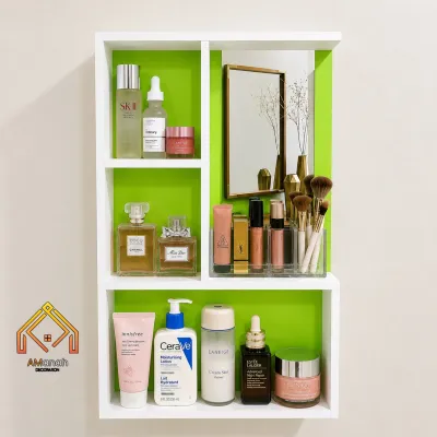 RAK KOSMETIK GANTUNG MINIMALIS UKURAN 60x40 - RAK MAKE UP KACA - RAK KOSMETIK KOTAK KAYU RKA337
