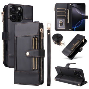 Shoulder Strap Zip Leather Wallet Card Solt Case for iPhone 16 Pro Max 16E 15 Plus 14 13 12 11 Lanyard Flip Purse Holder Cover