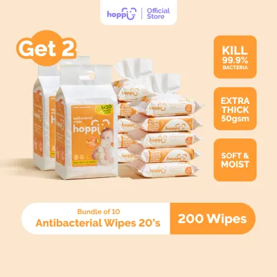 (Buy 1 Free 1) Hoppi Premium Baby Antibacterial Wipes (20 Wipes x 5 Packs) EXP: MAY 2027