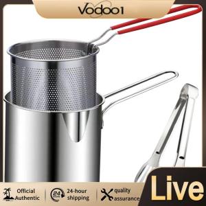 【Vodool】 Deep Frying Pot with Strainer & Food Tongs Stainless Steel Deep Fryer Pot Milk Warmer Pot Chicken Fried Cooking Tools