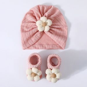 EASYEAH Flower Infant Turban Hat Socks Set Elastic Soft Cotton Hat Sock Set Cute Breathable Baby Headscarf Hat Newborn Supplies