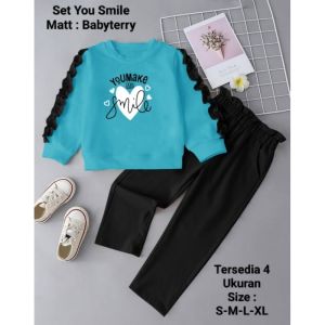 Stelan Anak Perempuan Model Kerutan kekinian Terbaru Viral/Set You Smile Ada 4 Ukuran S-M-L-XL/Matt Babyterry