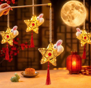 Đèn Lồng Trung Thu Ngôi Sao Thỏ Bông LED Ánh Vàng – Mây Tre Đan Cho Bé Rước Đèn Vui Hội Trăng Rằm
